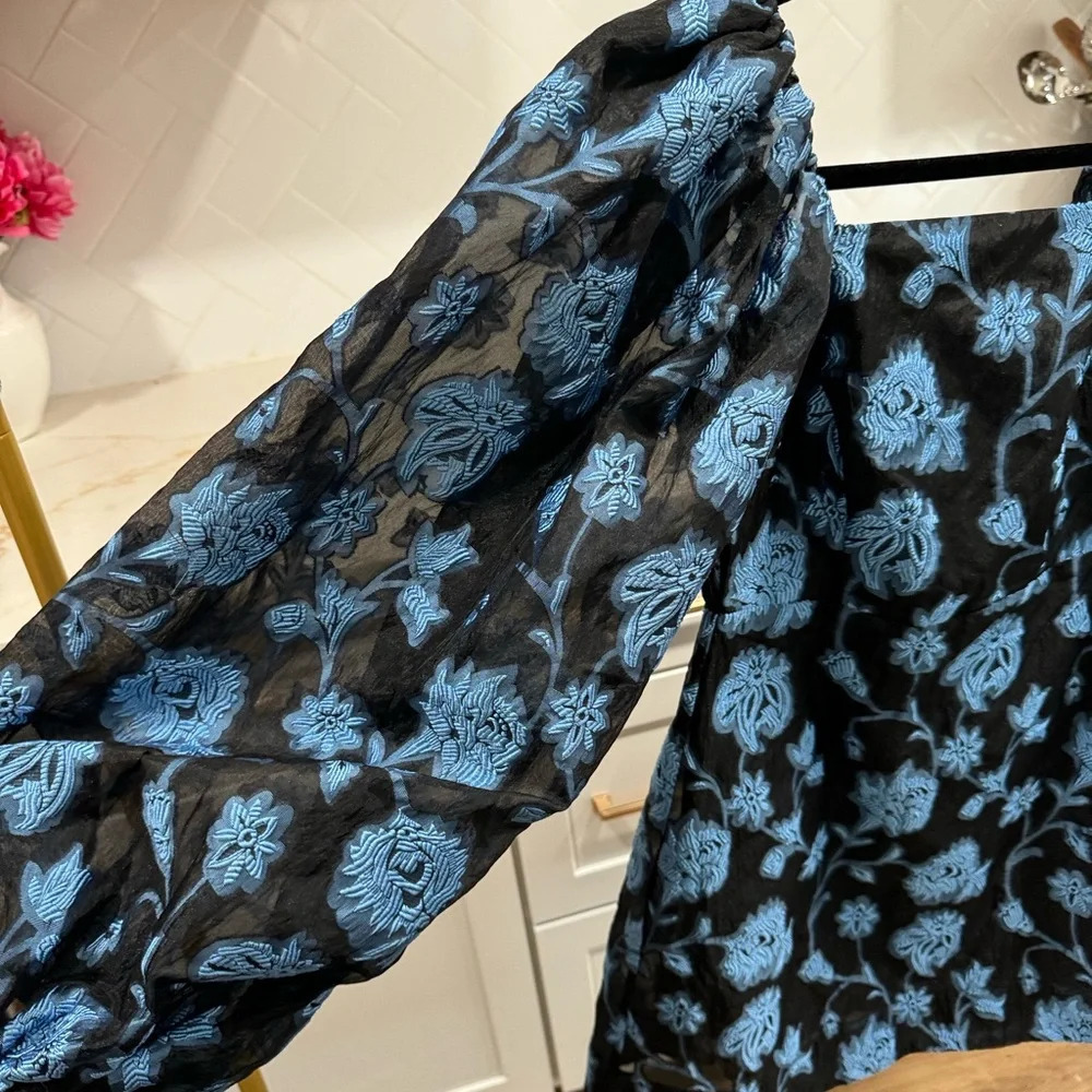 Free People Aureta Georgia Mini Dress NEW Size XS Formal Puff Sleeve Blue Floral - Picture 7 of 13